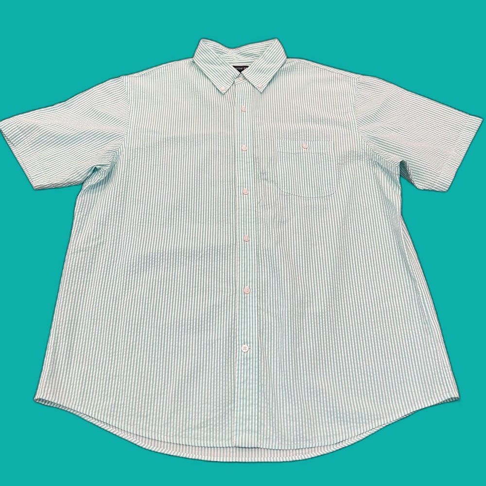 Lands' End Men's Seersucker Mint Striped Button Down Short Sleeve Shirt L